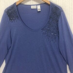 Chico's Embellished Top Beaded‎ Detail 3/4 Sleeve Periwinkle Blue Size 2